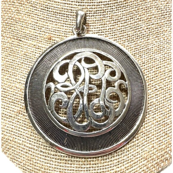 Vintage Ornate Filigree Medallion Pendant Scroll Monogram Design Silver Tone - Picture 4 of 5